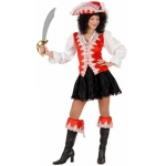 Red Regal Pirate Lady Shirt with vest, skirt, boot cuffs, hat. Velvet material