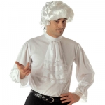 Cavalier colonial shirt Colonial style mens white shirt with jabot and elasticated cuffs with lace edges.  Shirt is made from stretchy material and fastens at the top back with velcro.