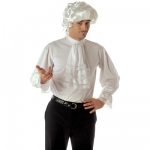 Cavalier colonial shirt XL Colonial style mens white shirt with jabot and elasticated cuffs with lace edges.  Shirt is made from stretchy material and fastens at the top back with velcro.