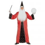Wizard - size S The costume comes in blue, gold, or red colors, and consists of a long robe with wide sleeves, decorated with silver or gold stars and moons. The hat is pointed with a wide brim, matching the color of the robe and also adorned with stars and moons in silver or gold. The wizard costume is perfect for Halloween or any magic-themed event